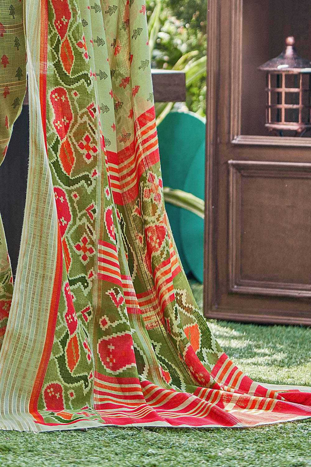 Green Batik Printed Linen Saree