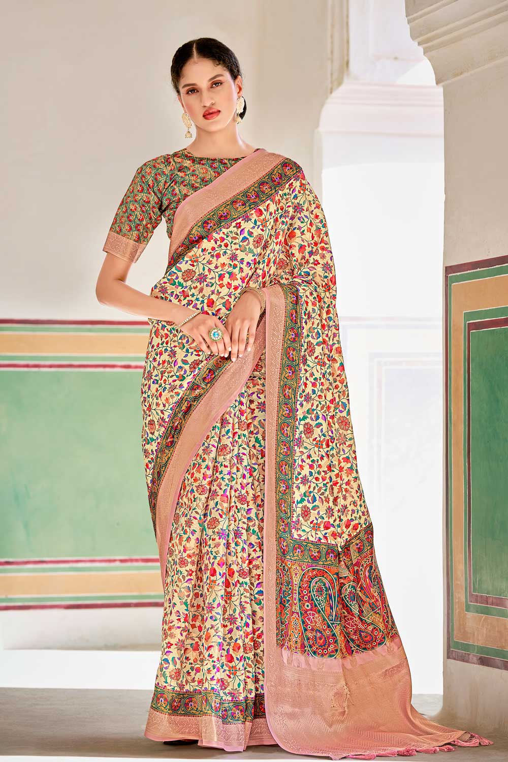 Cream Woven Printed Silk Saree