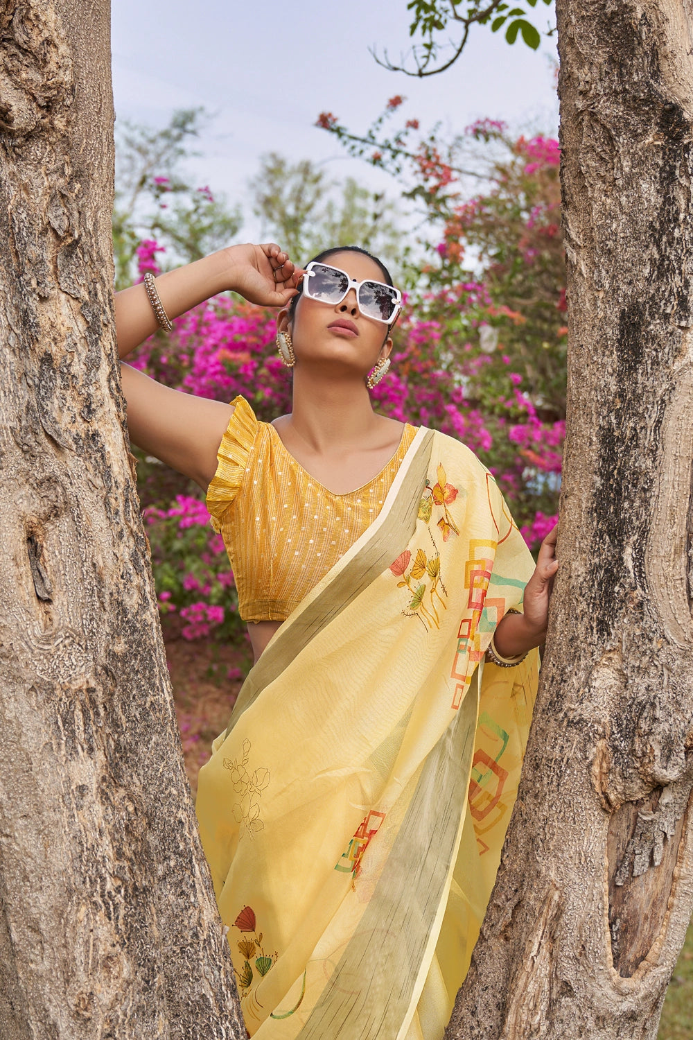 Yellow Floral Foil Print Organza Silk Saree With Designer Blouse