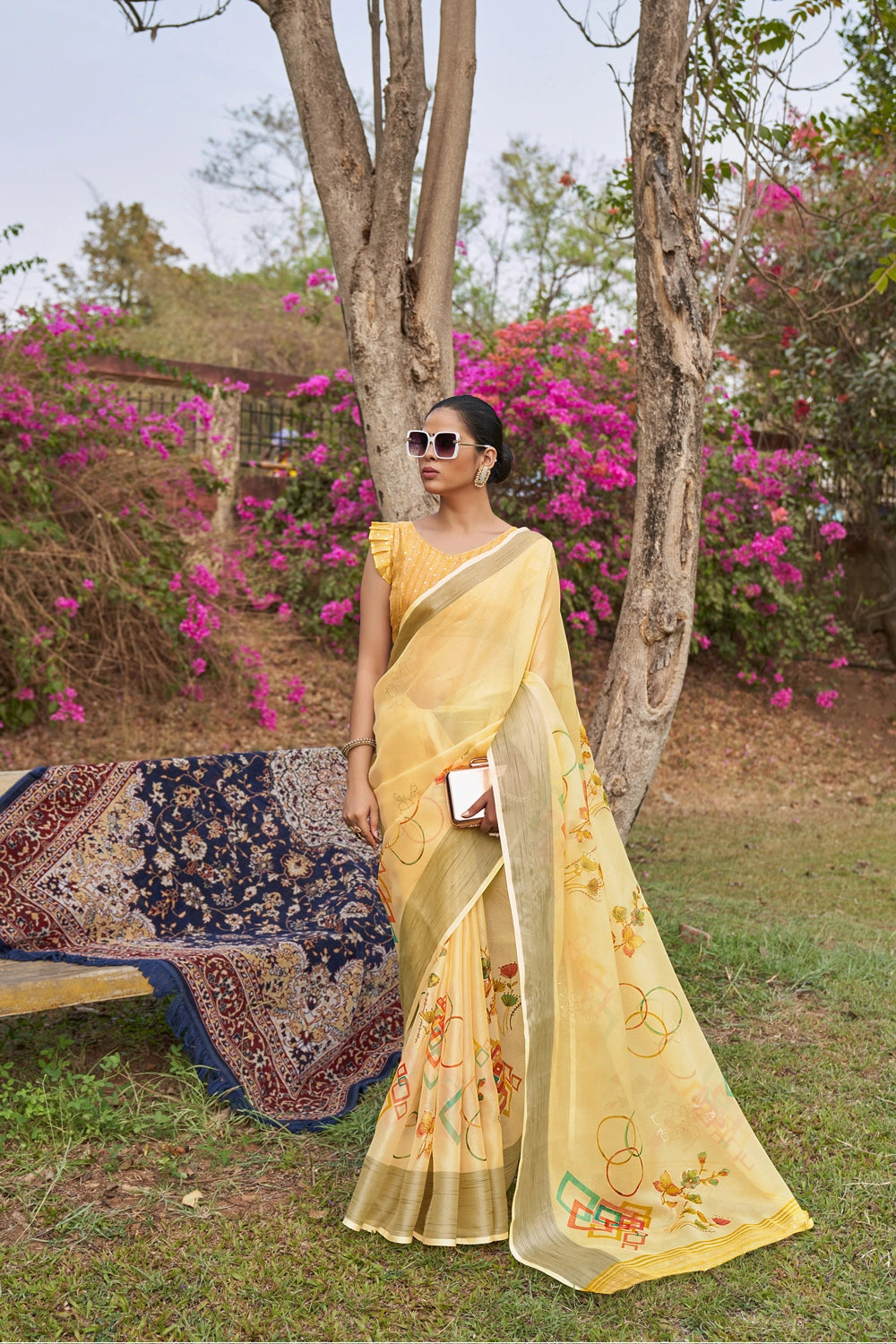 Yellow Floral Foil Print Organza Silk Saree With Designer Blouse
