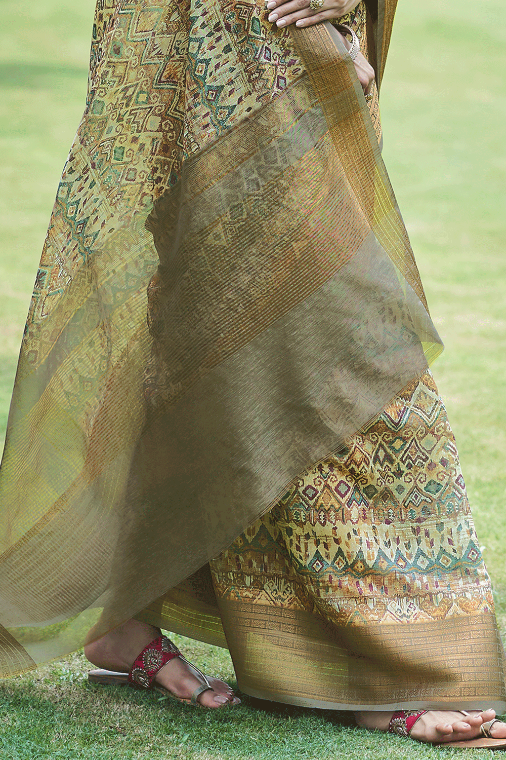 Artichoke Green Digital Printed Linen Saree