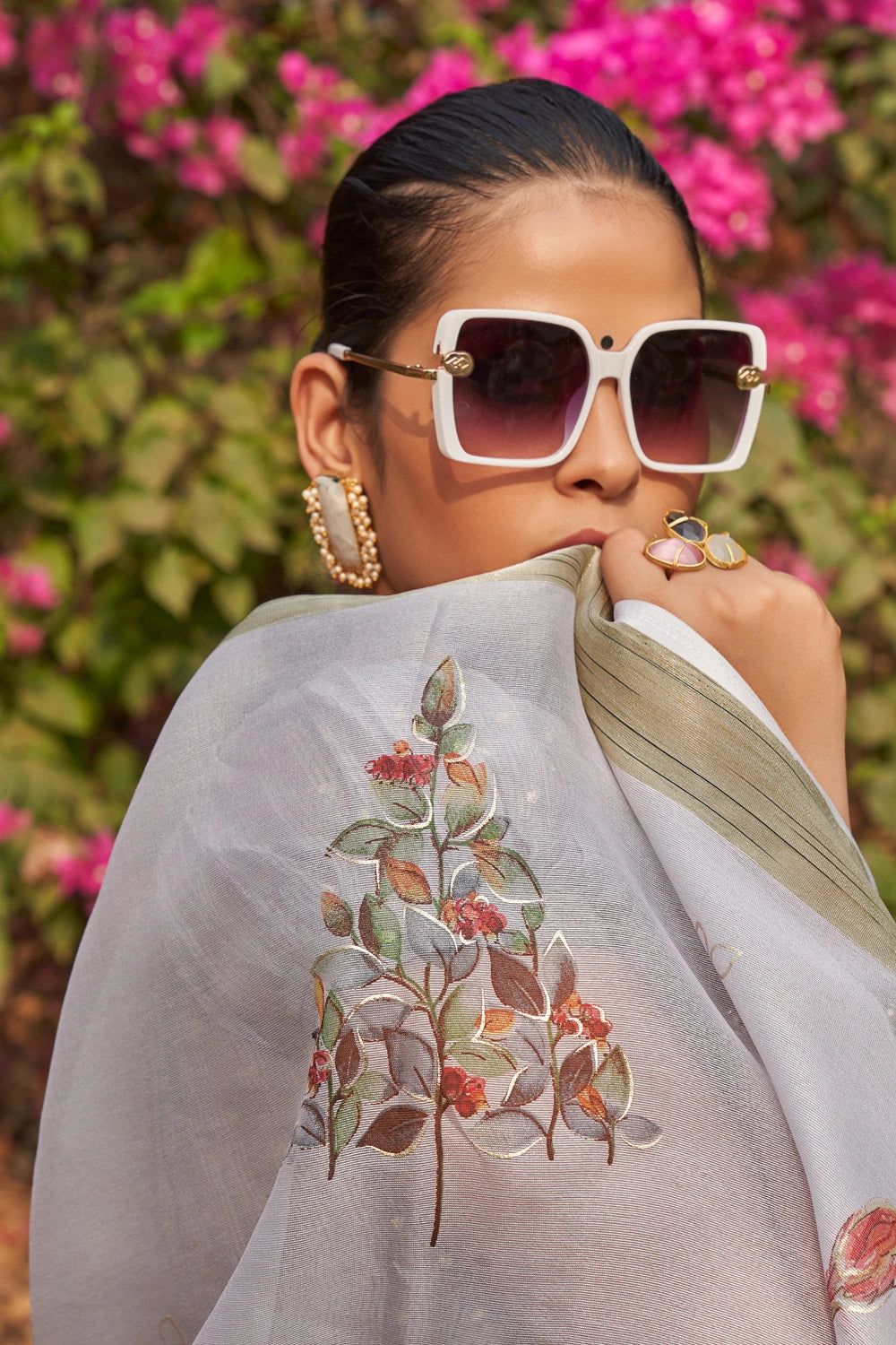 Grey Floral Foil Print Organza Silk Saree With Designer Blouse
