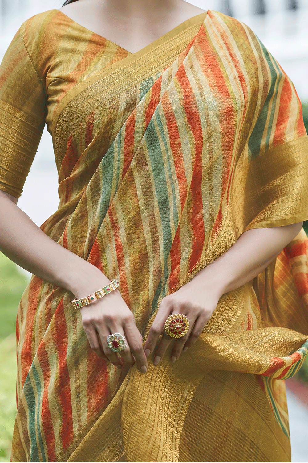 Mustered Yellow Digital Printed Linen Saree