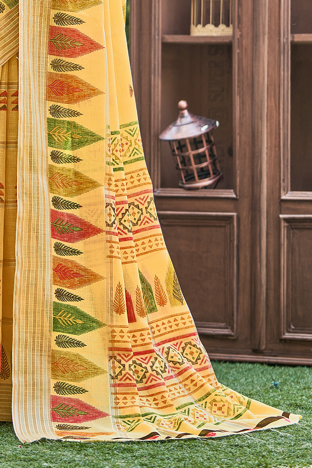 Yellow Batik Printed Linen Saree