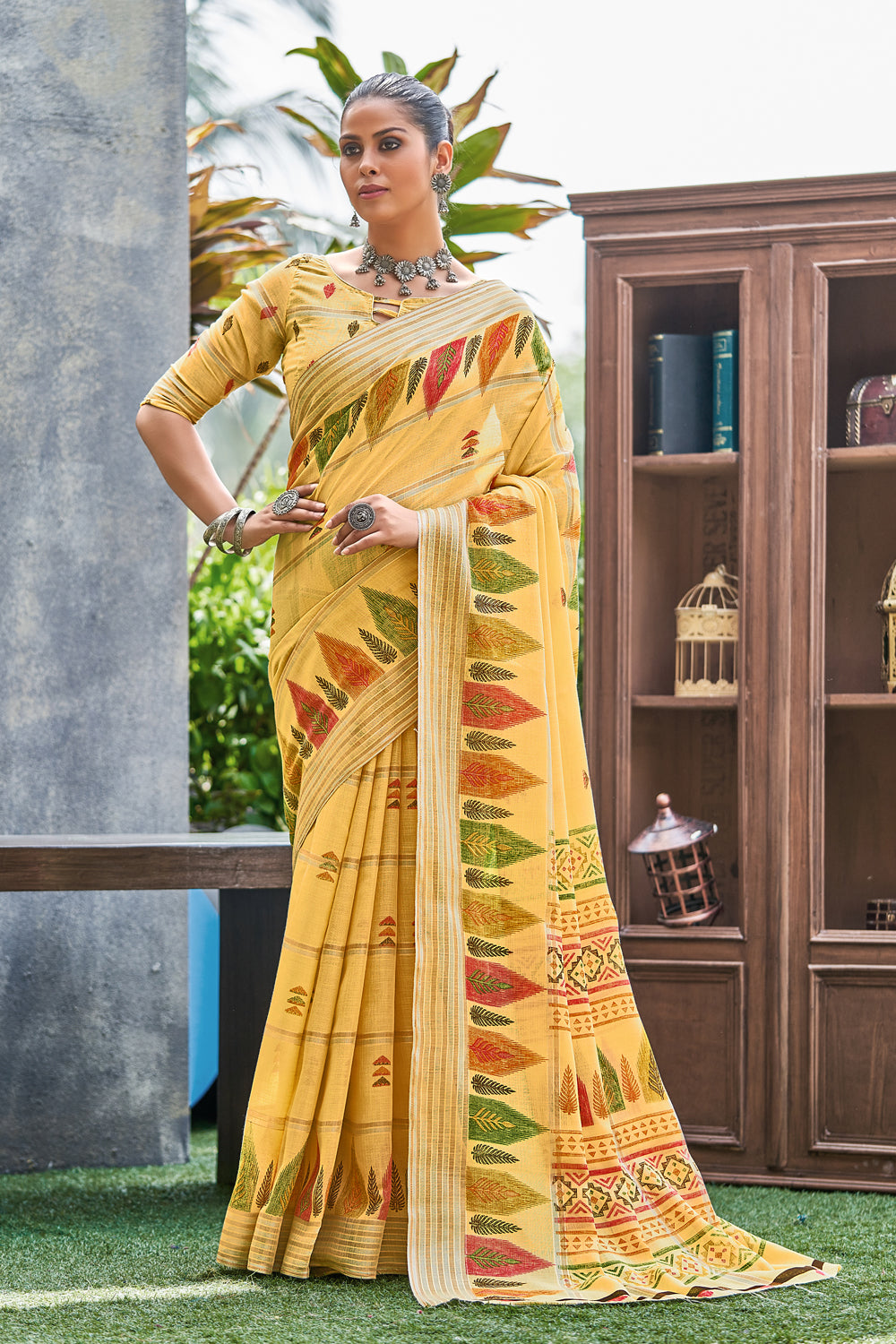 Yellow Batik Printed Linen Saree