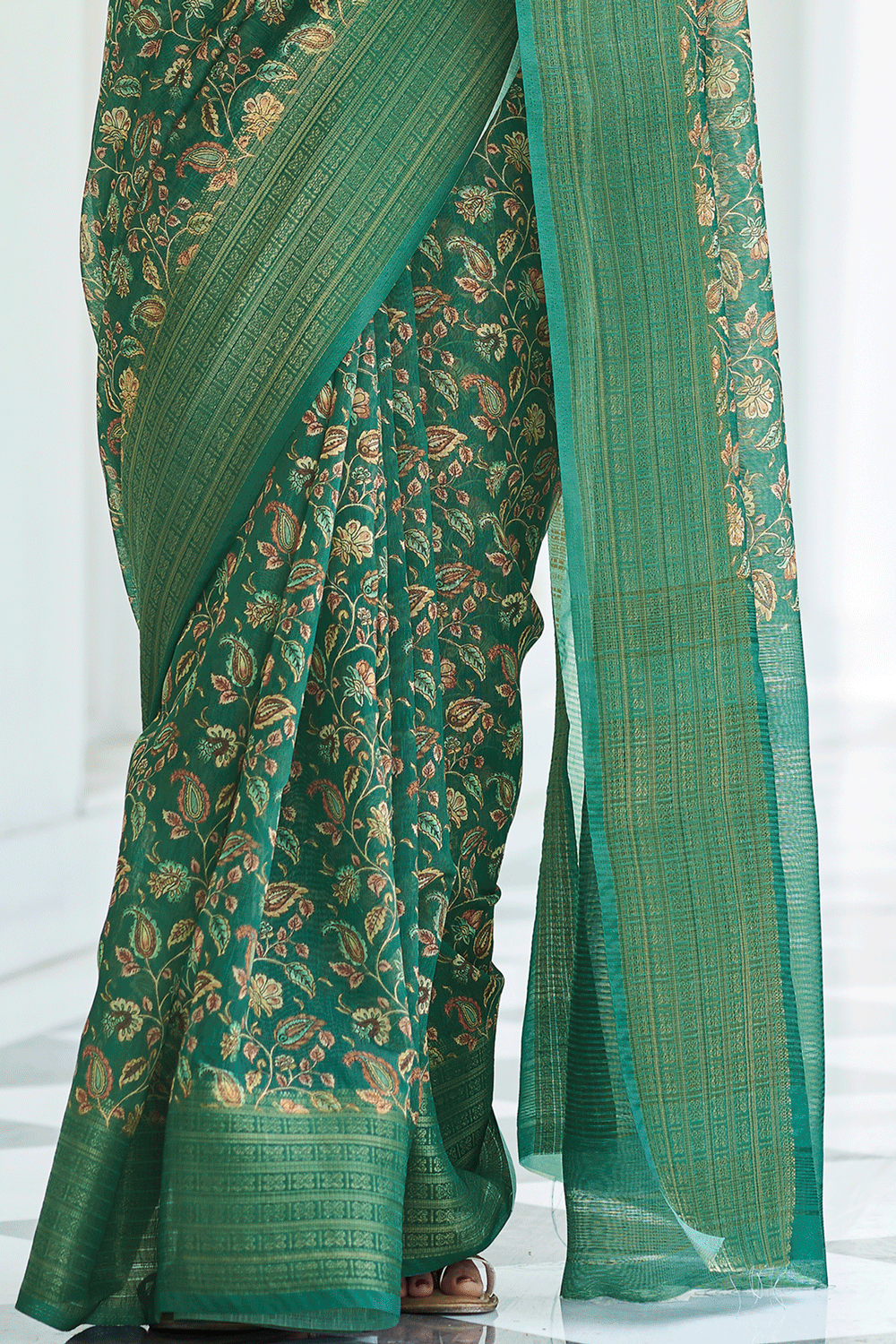 Dark Green Digital Printed Linen  Saree