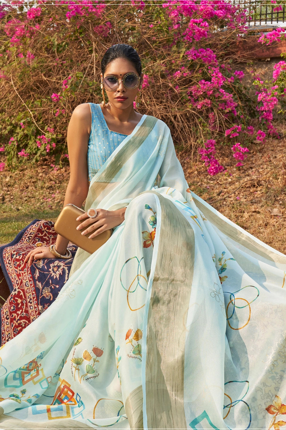 Sky Blue Floral Foil Print Organza Silk Saree With Designer Blouse