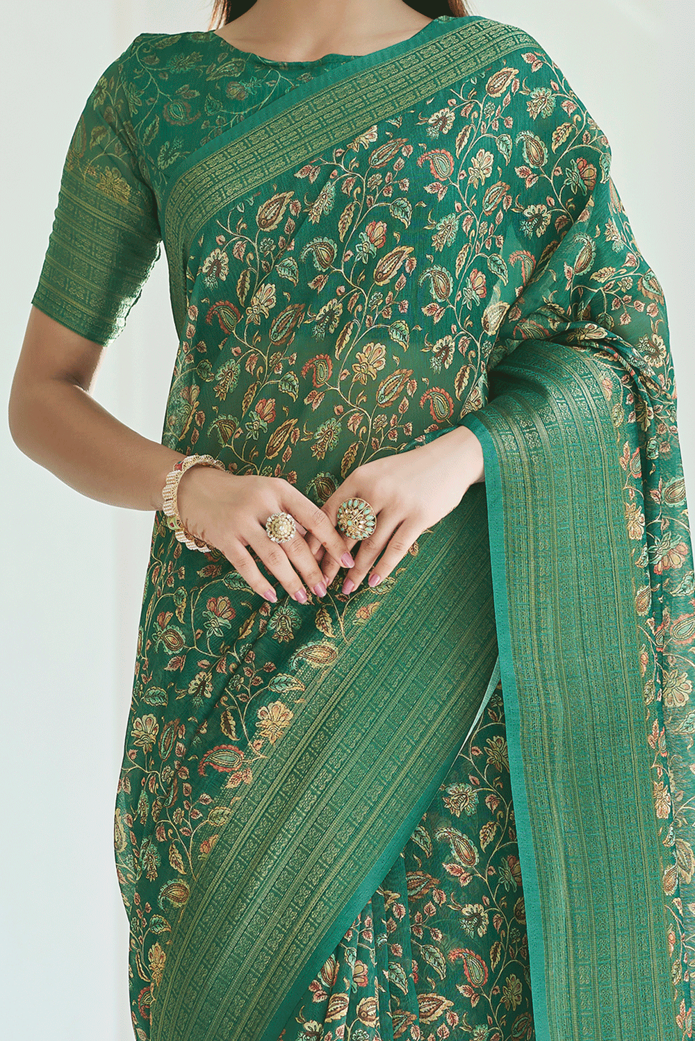 Dark Green Digital Printed Linen  Saree