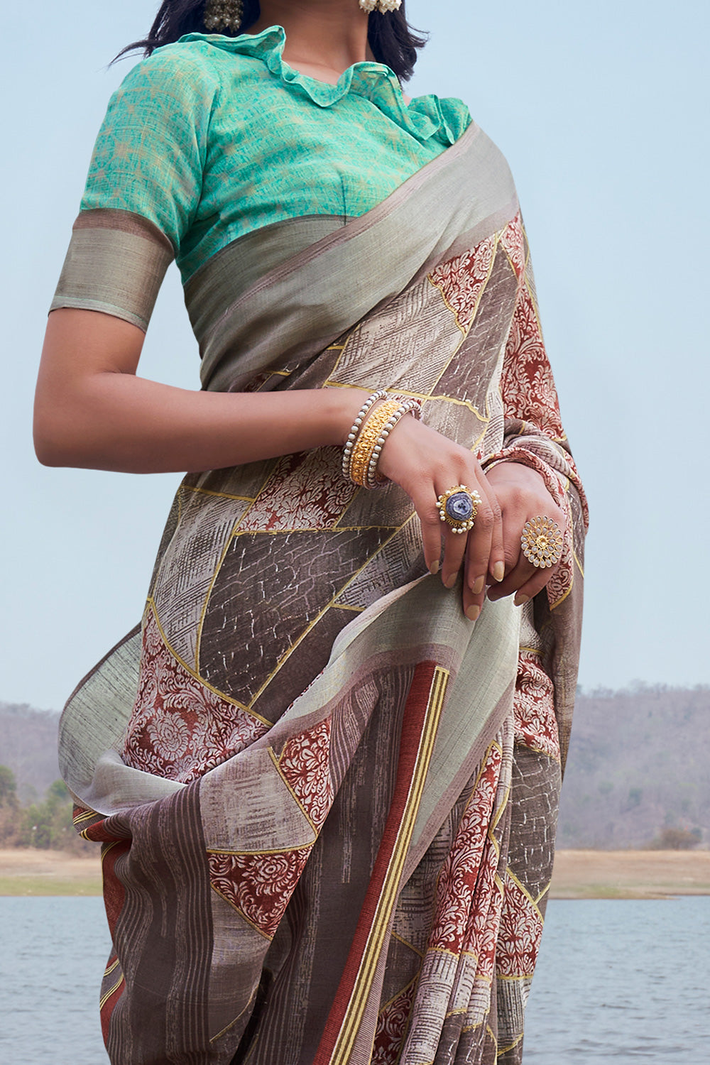 Brown Multicolor Printed Linen Saree