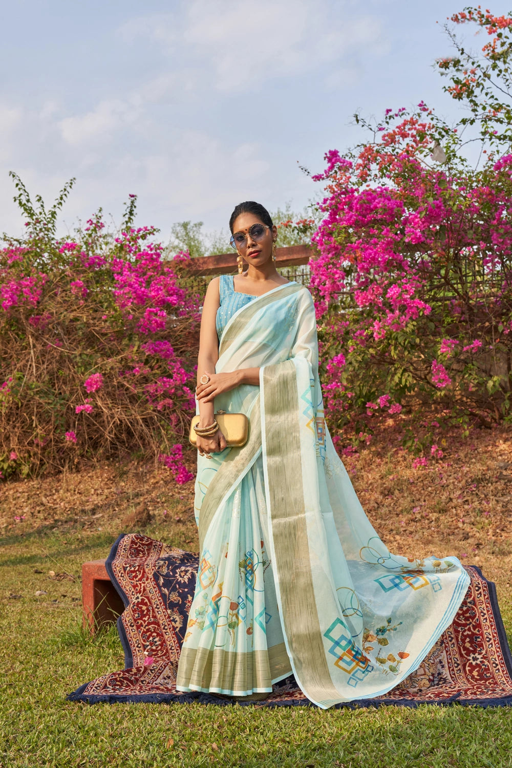 Sky Blue Floral Foil Print Organza Silk Saree With Designer Blouse