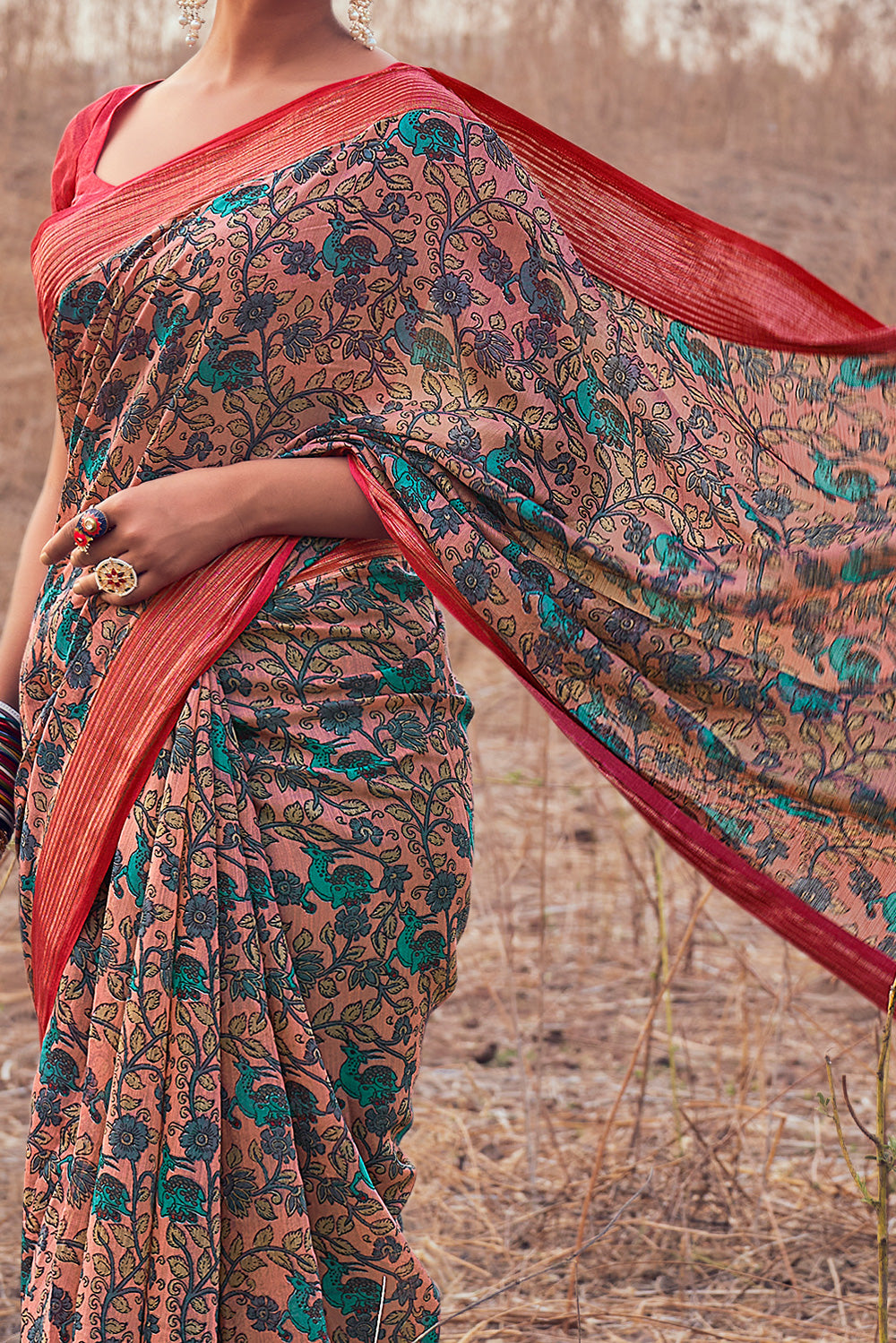 Peach Kalamkari Cotton Saree
