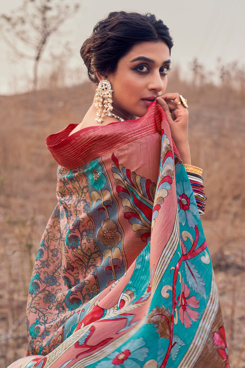 Peach Kalamkari Cotton Saree