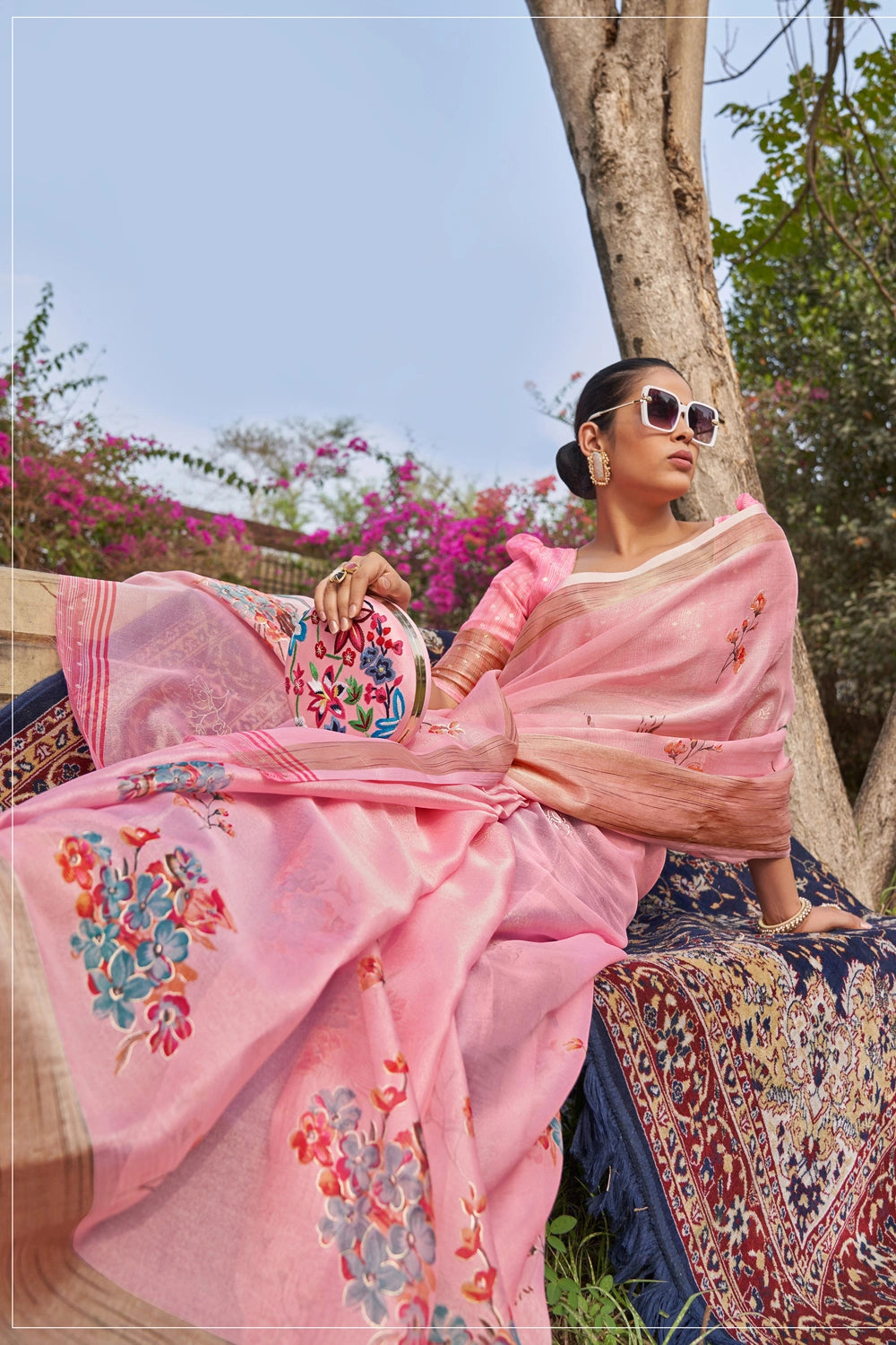 Pink Floral Foil Print Organza Silk Saree With Designer Blouse