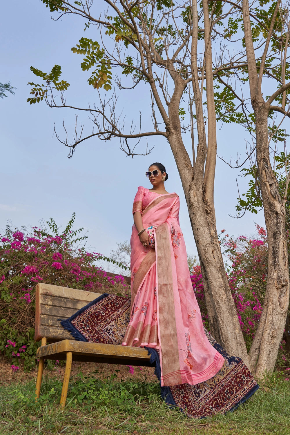 Pink Floral Foil Print Organza Silk Saree With Designer Blouse