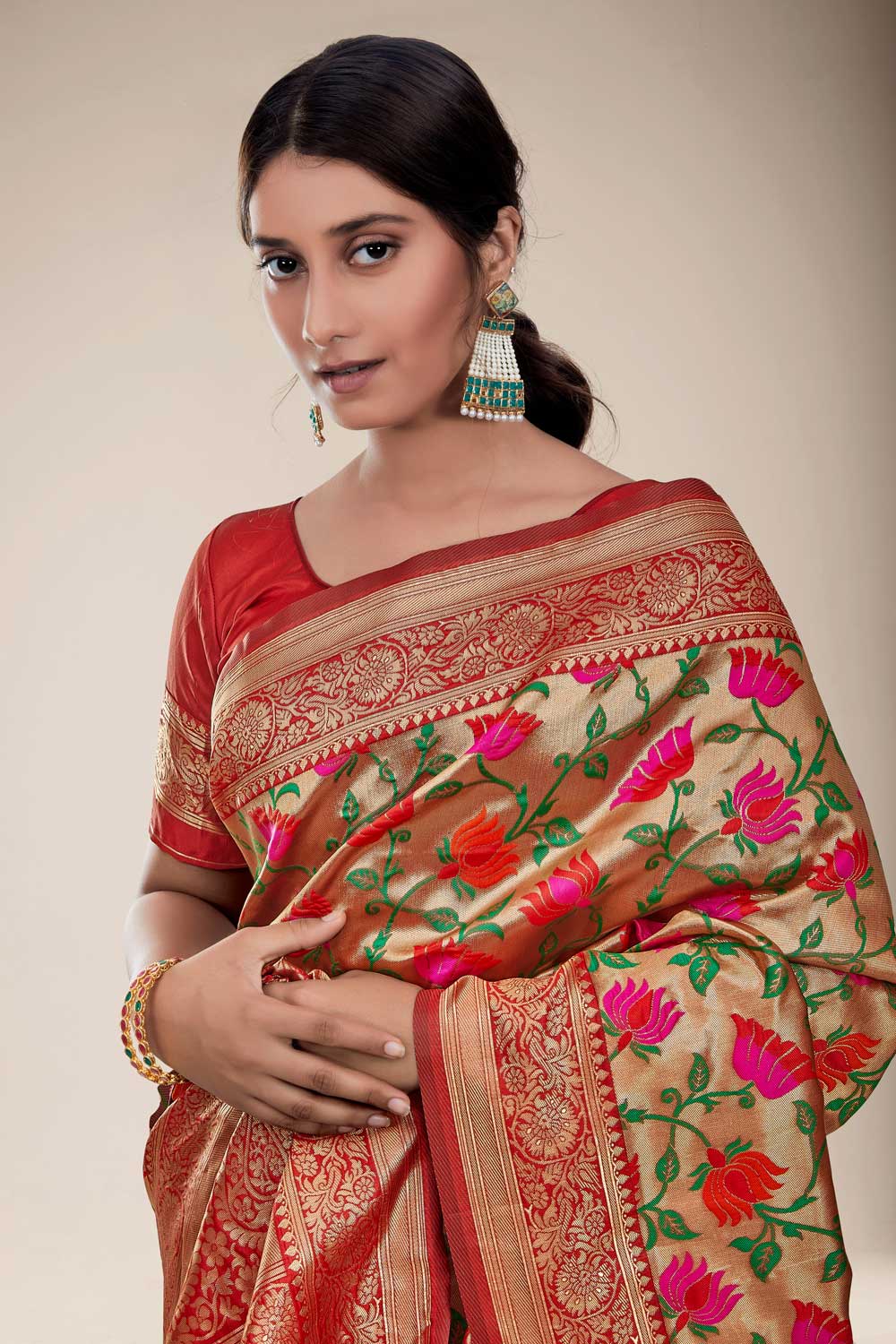 Red Gold Woven Paithani Silk Saree