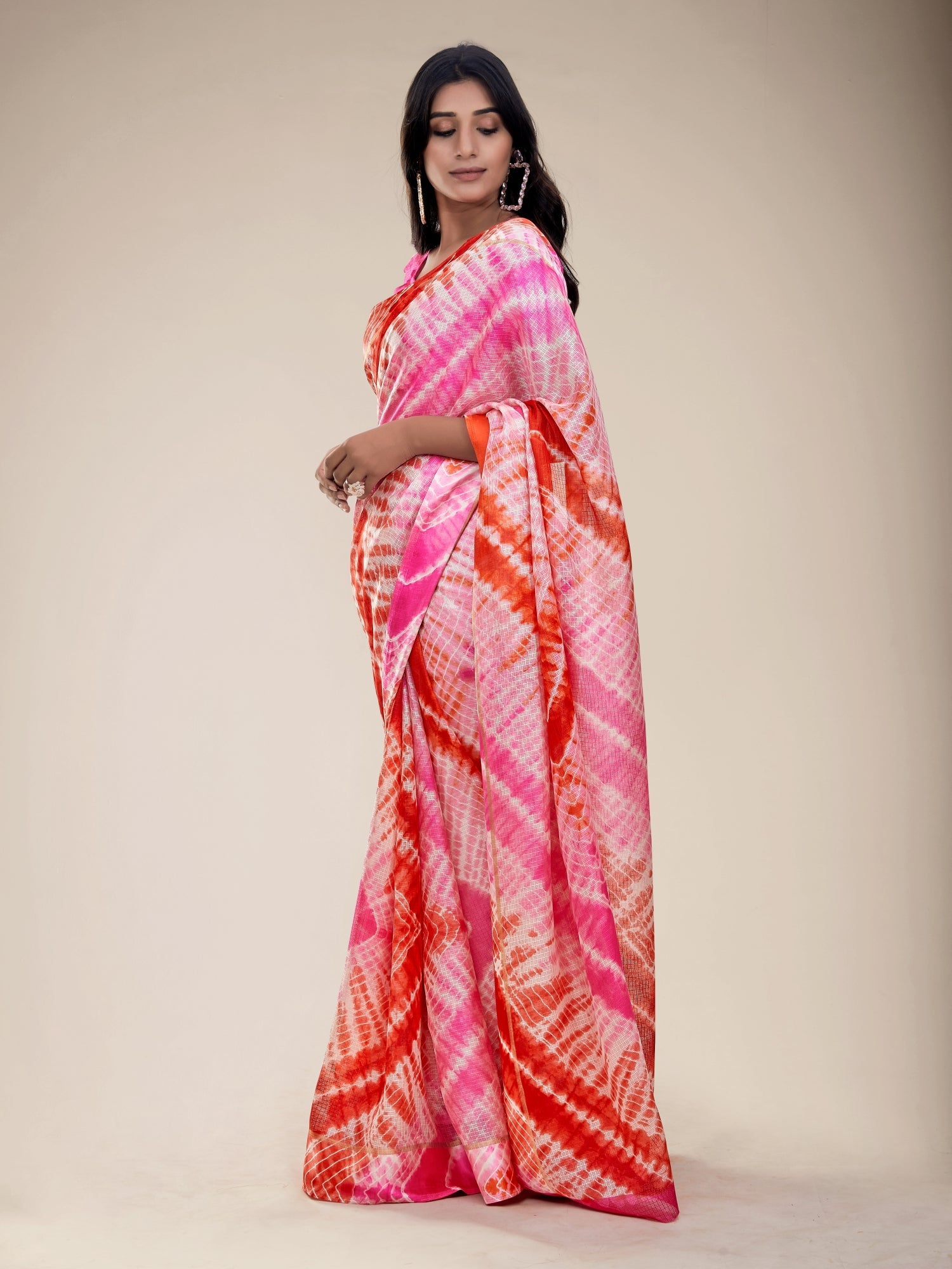 Pink And Orange Dual Tone Leheriya Printed Saree