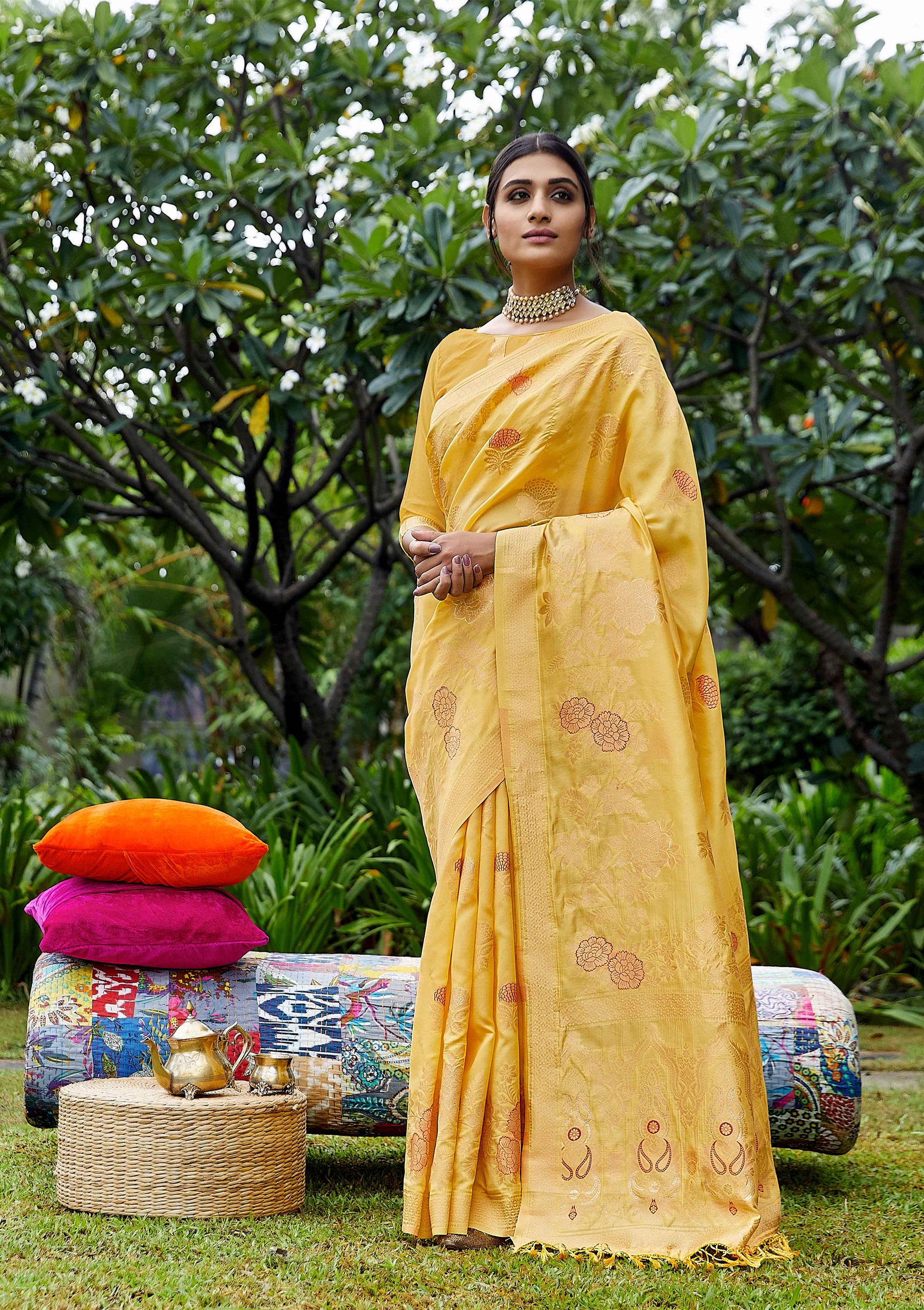 Yellow Woven Banarasi Silk Sarees By Shangrila designer