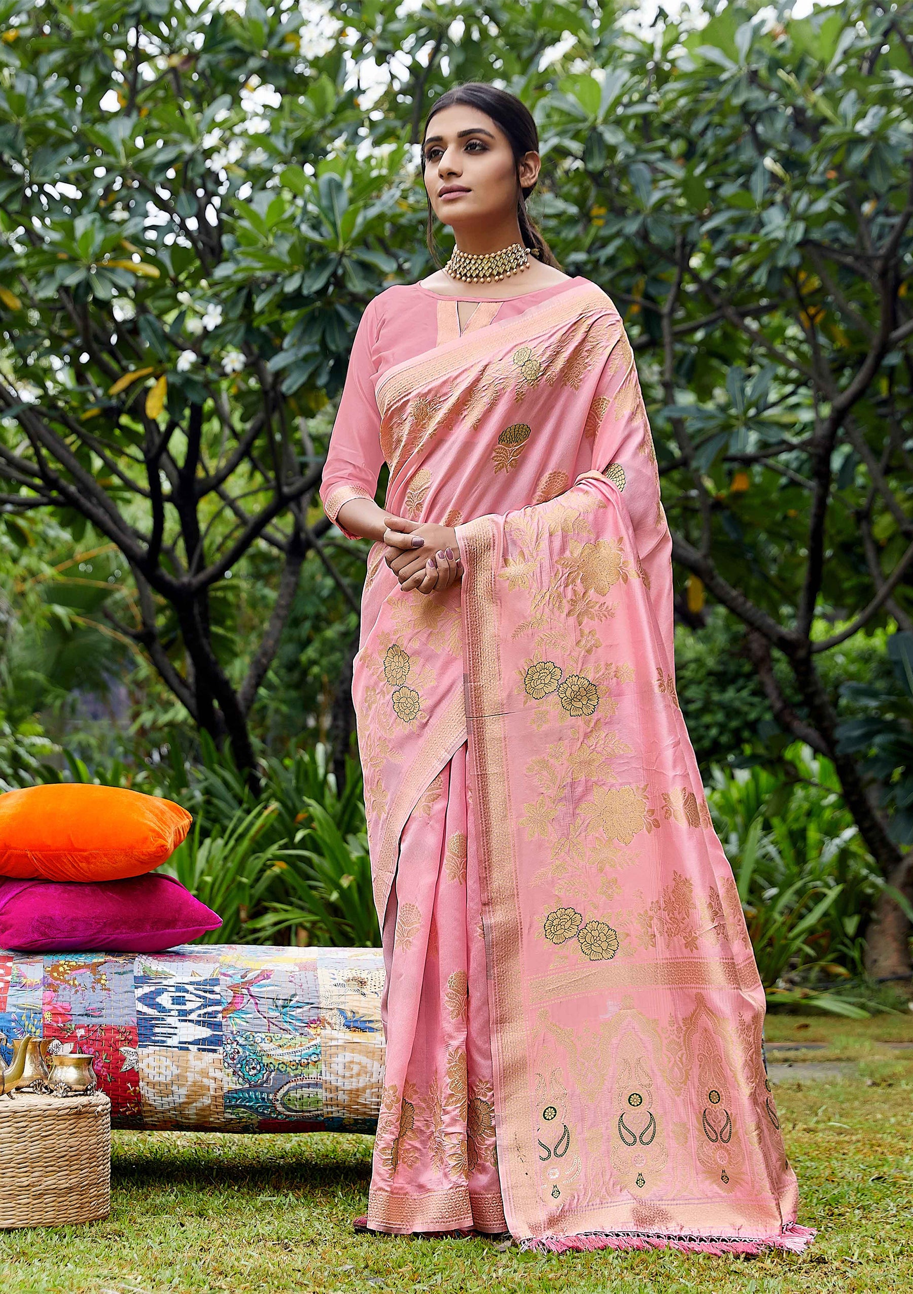 Pink woven banarasi art silk saree by shangrila designer