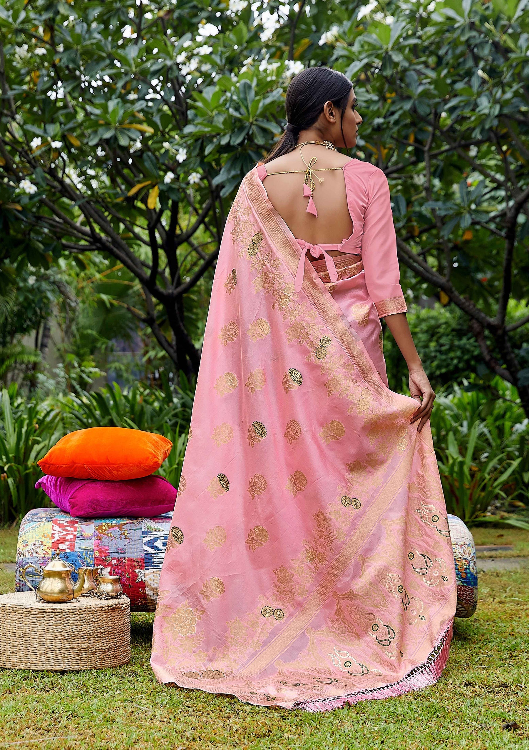Pink woven banarasi art silk saree by shangrila designer