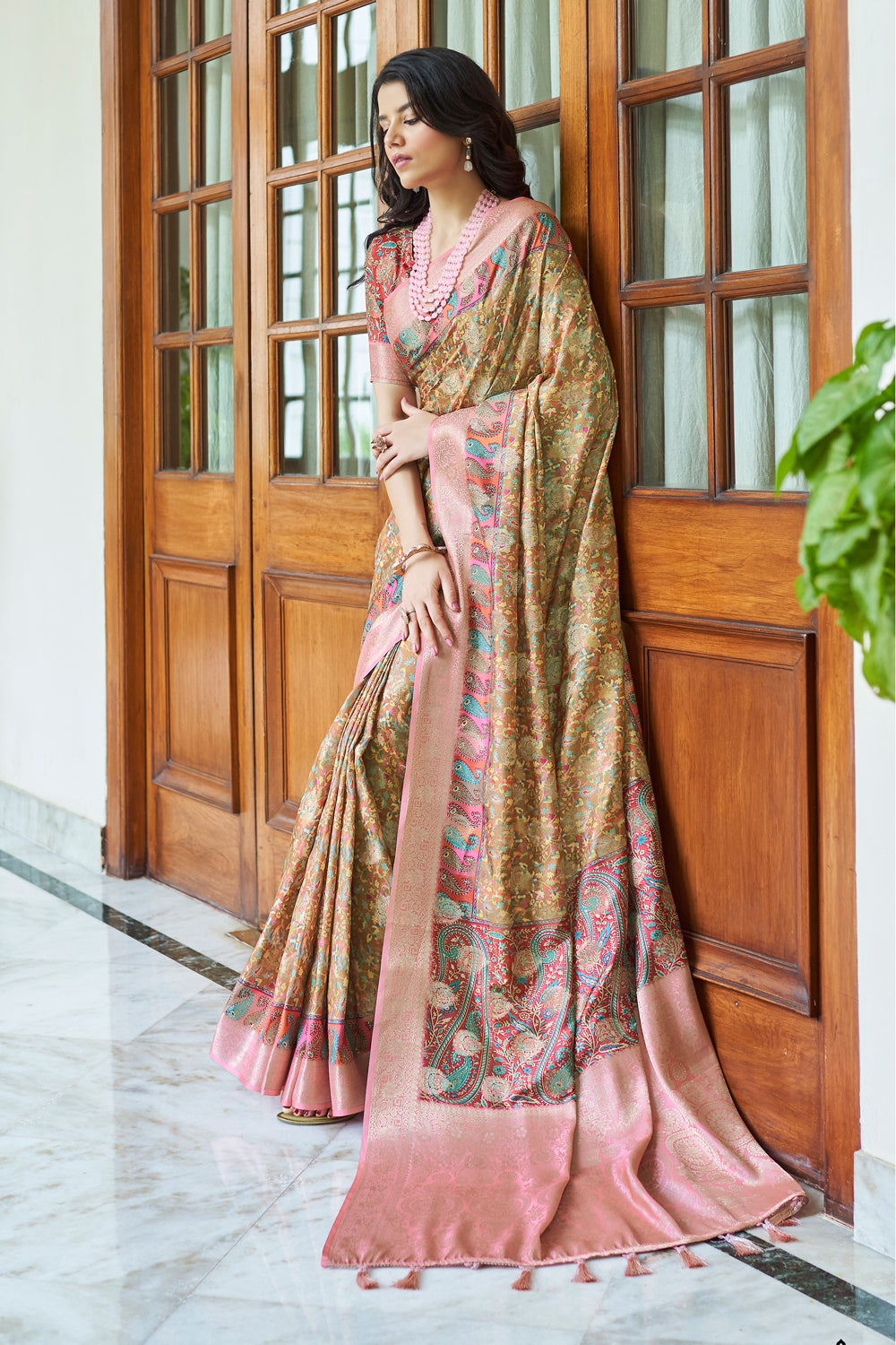 Brown Digital Printed Silk Saree